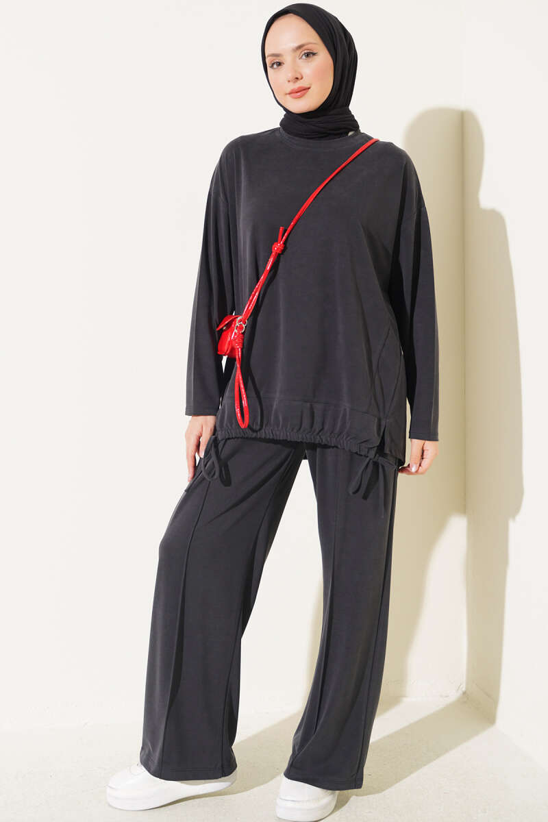 Basic Two-Piece Set with Tie Detail - Charcoal