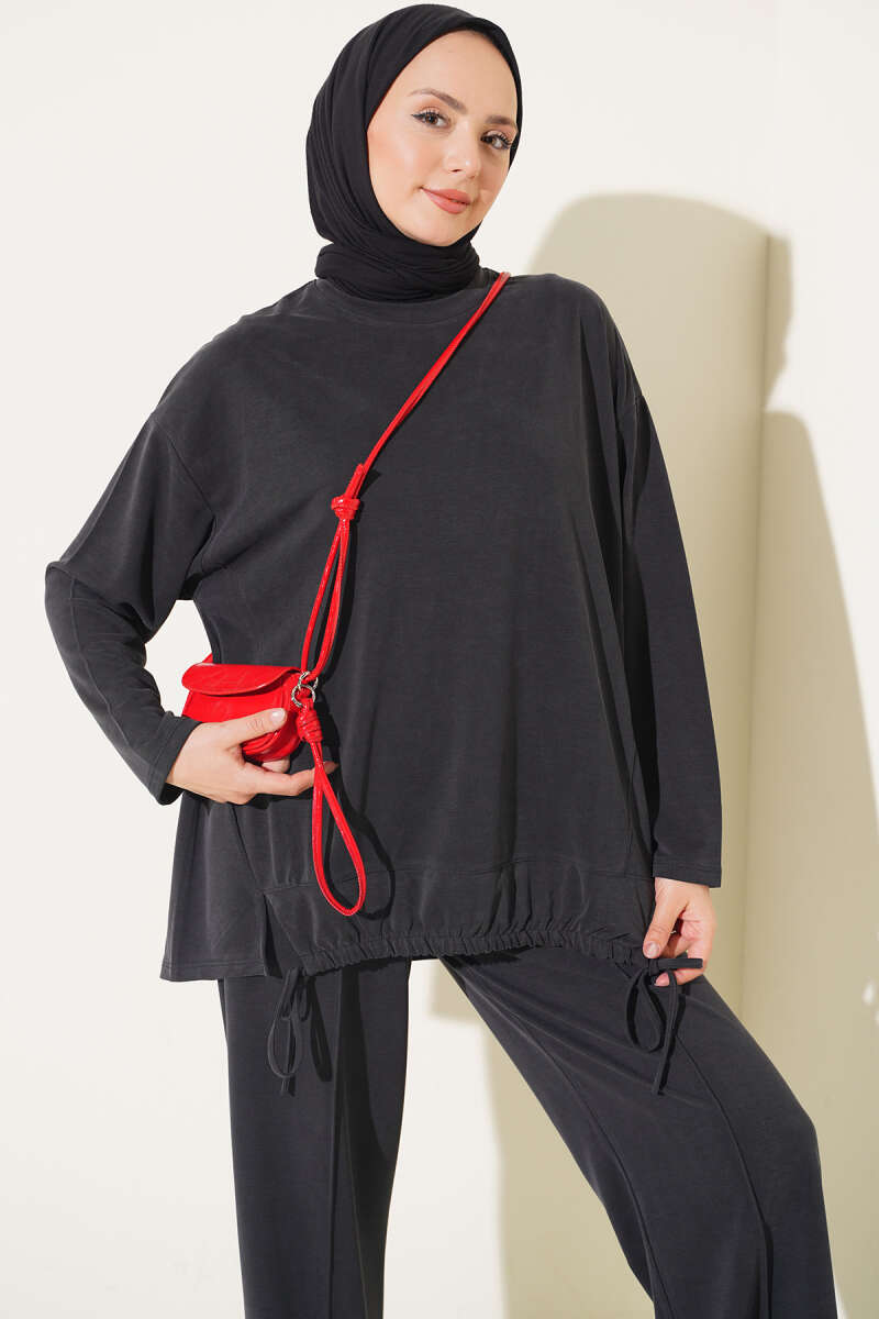 Basic Two-Piece Set with Tie Detail - Charcoal