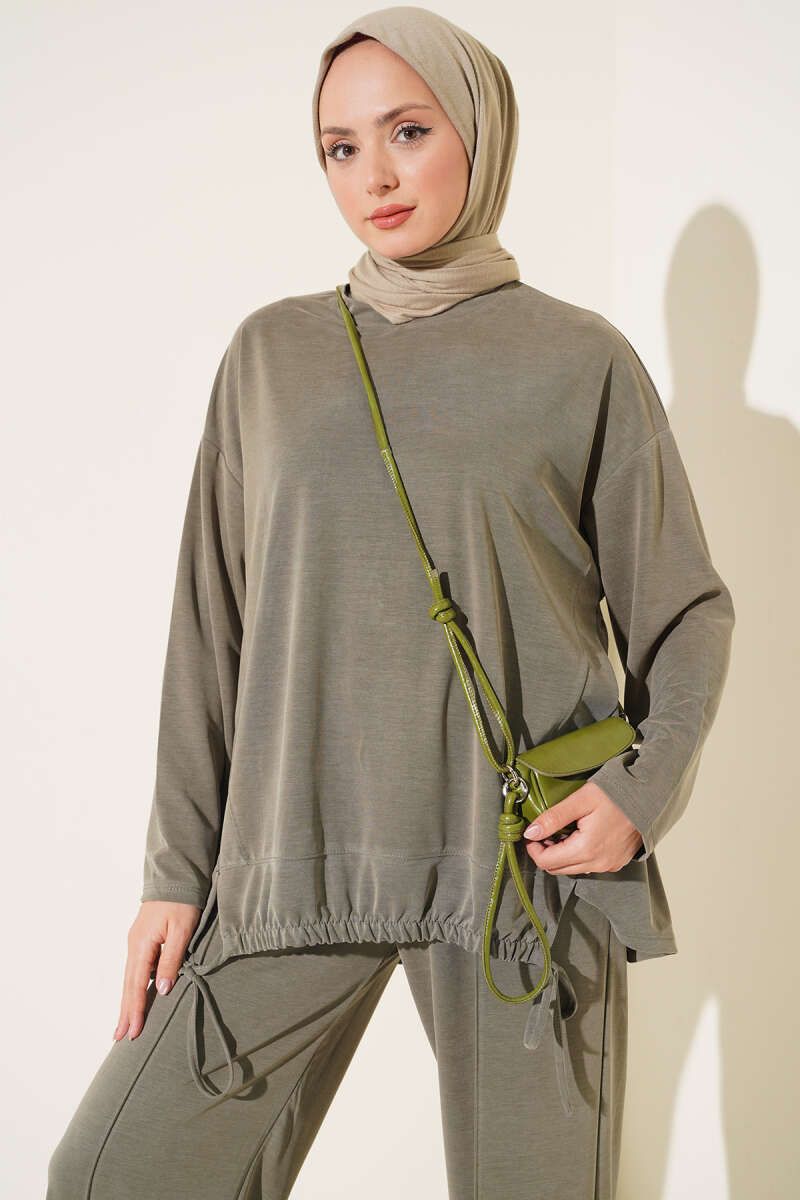 Basic Two-Piece Set with Tie Detail - Khaki