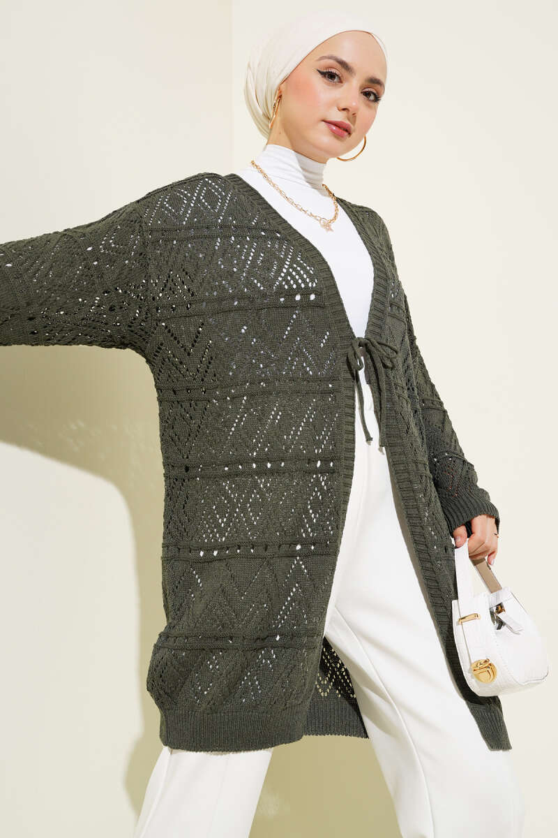 Patterned Knit Cardigan with Tie - Khaki
