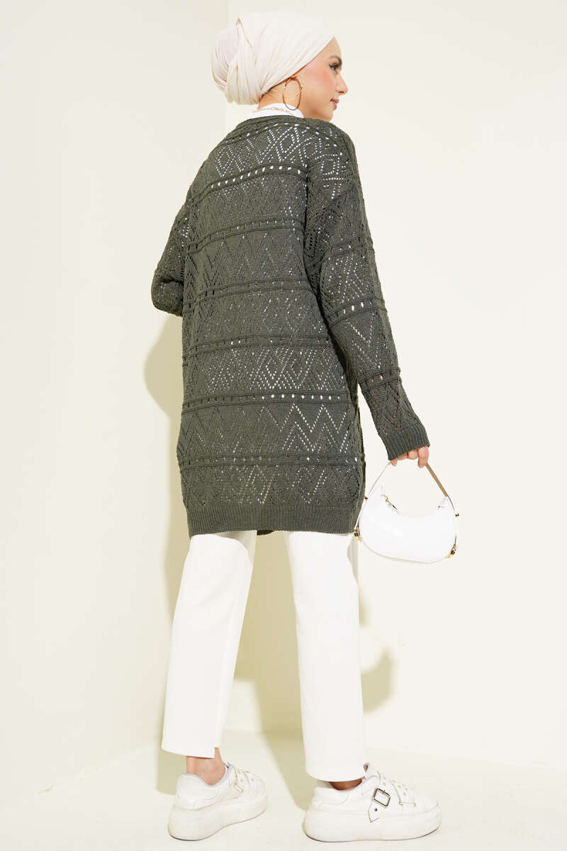 Patterned Knit Cardigan with Tie - Khaki