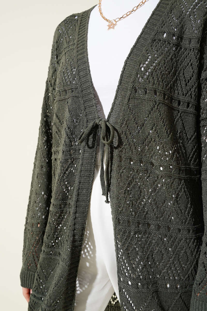 Patterned Knit Cardigan with Tie - Khaki