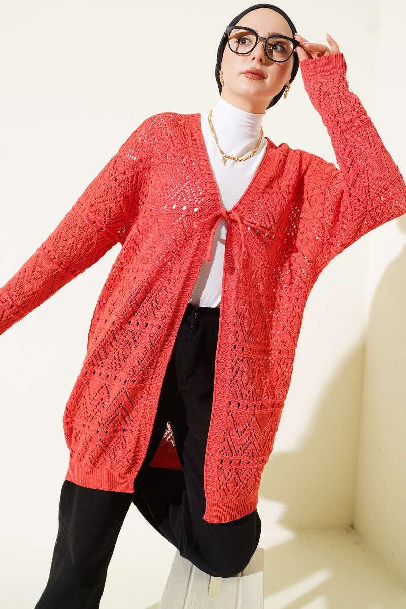 Patterned Knit Cardigan with Tie - Coral