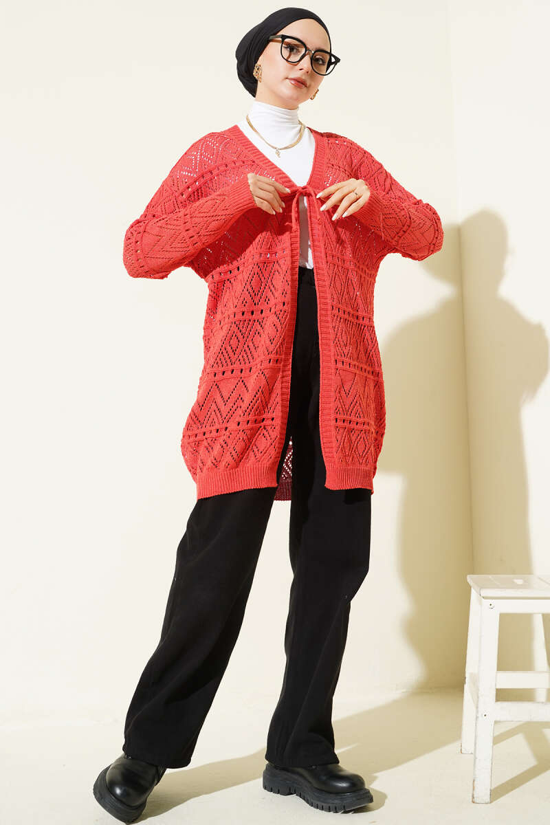 Patterned Knit Cardigan with Tie - Coral