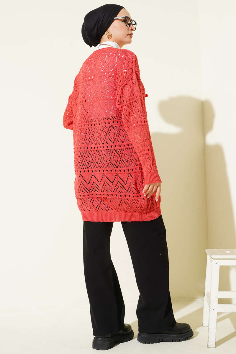 Patterned Knit Cardigan with Tie - Coral