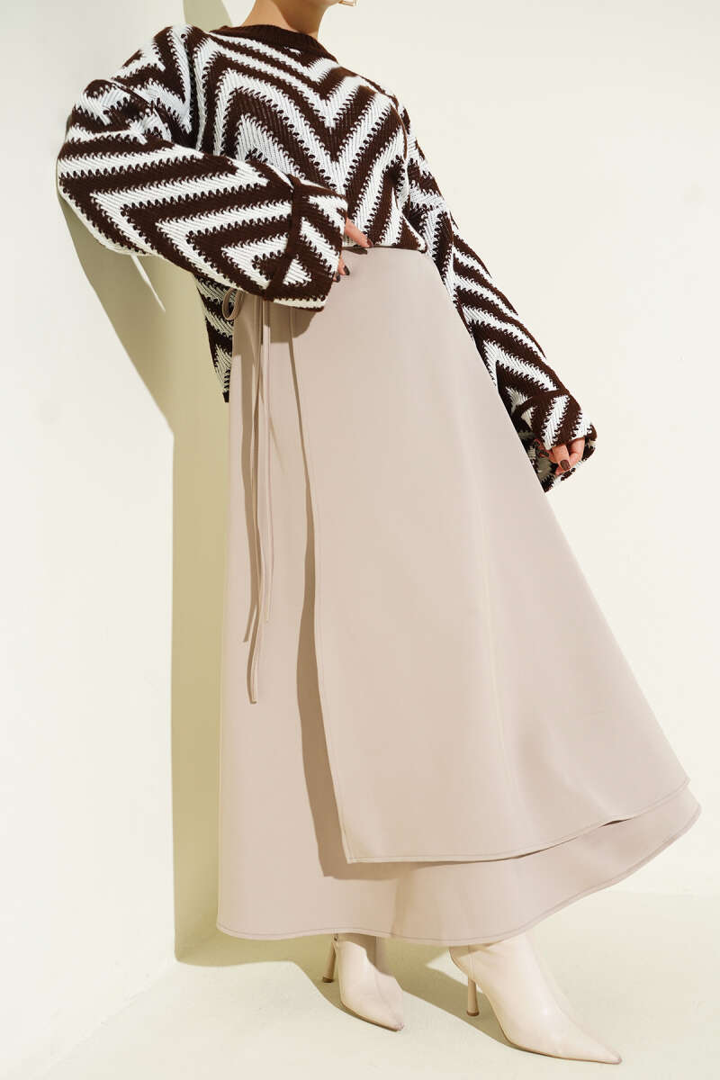 Flared Scuba Skirt with Tie - Beige