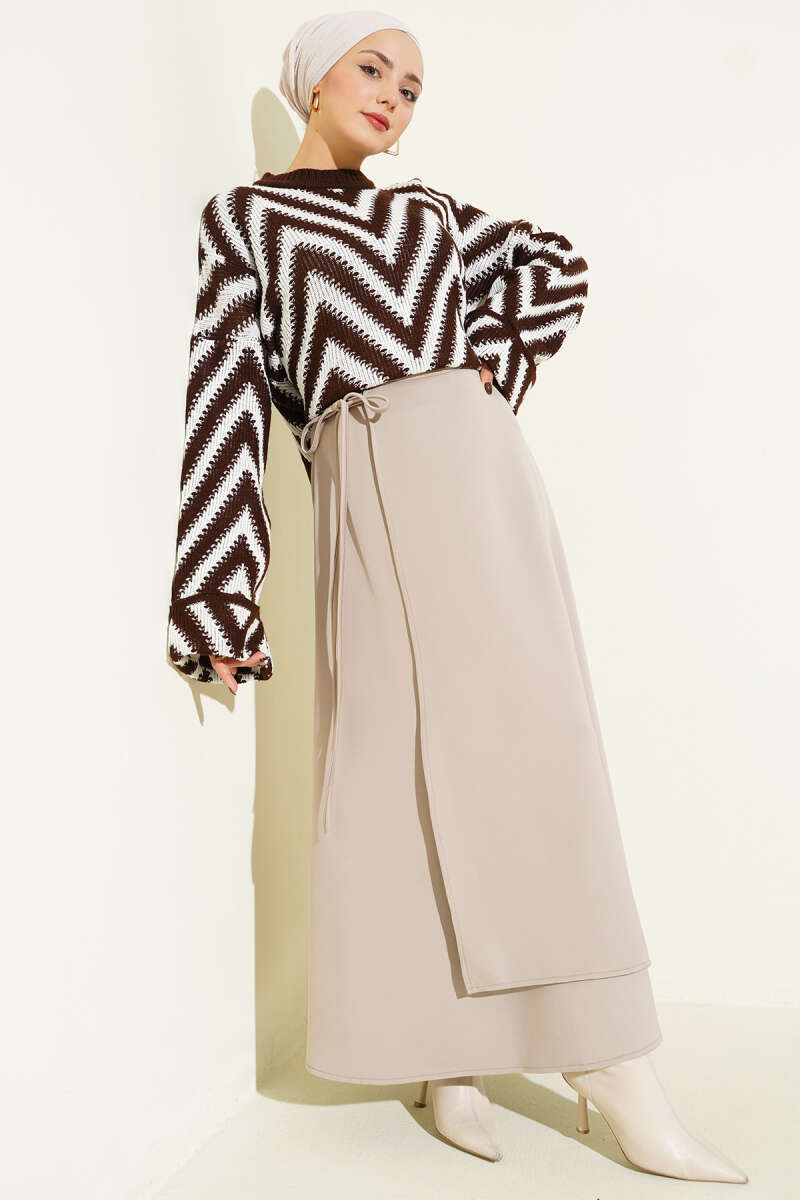 Flared Scuba Skirt with Tie - Beige