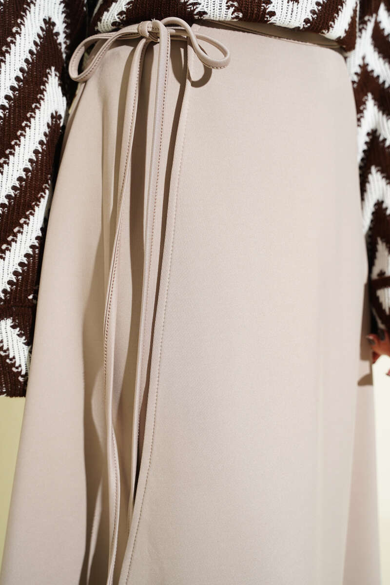 Flared Scuba Skirt with Tie - Beige