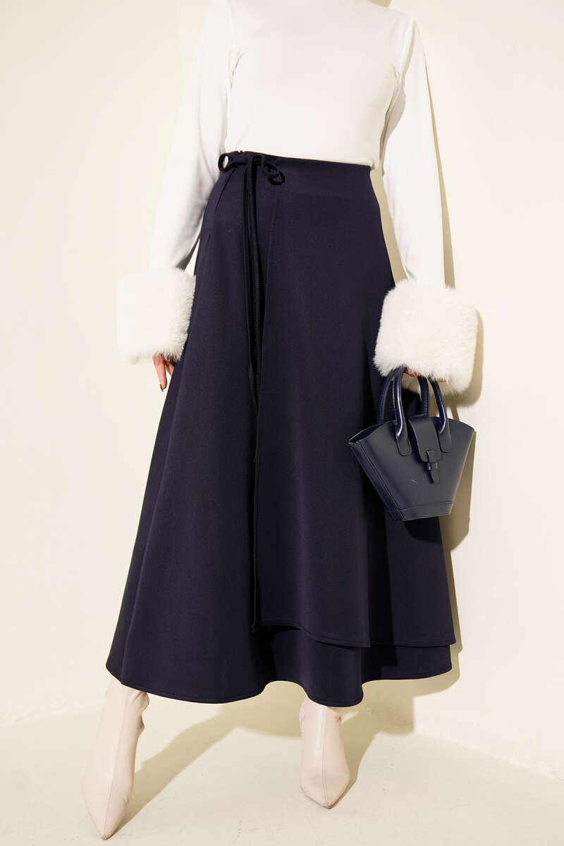 Flared Scuba Skirt with Tie - Navy