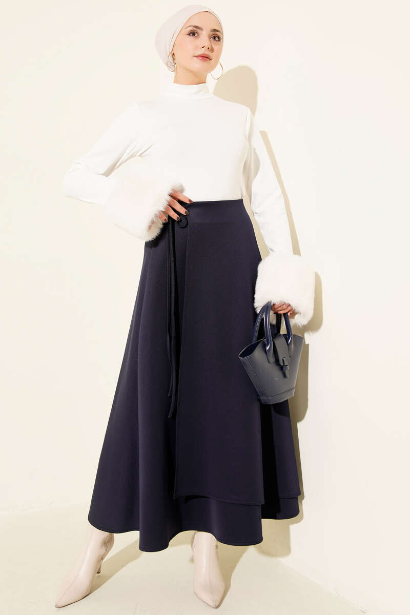 Flared Scuba Skirt with Tie - Navy