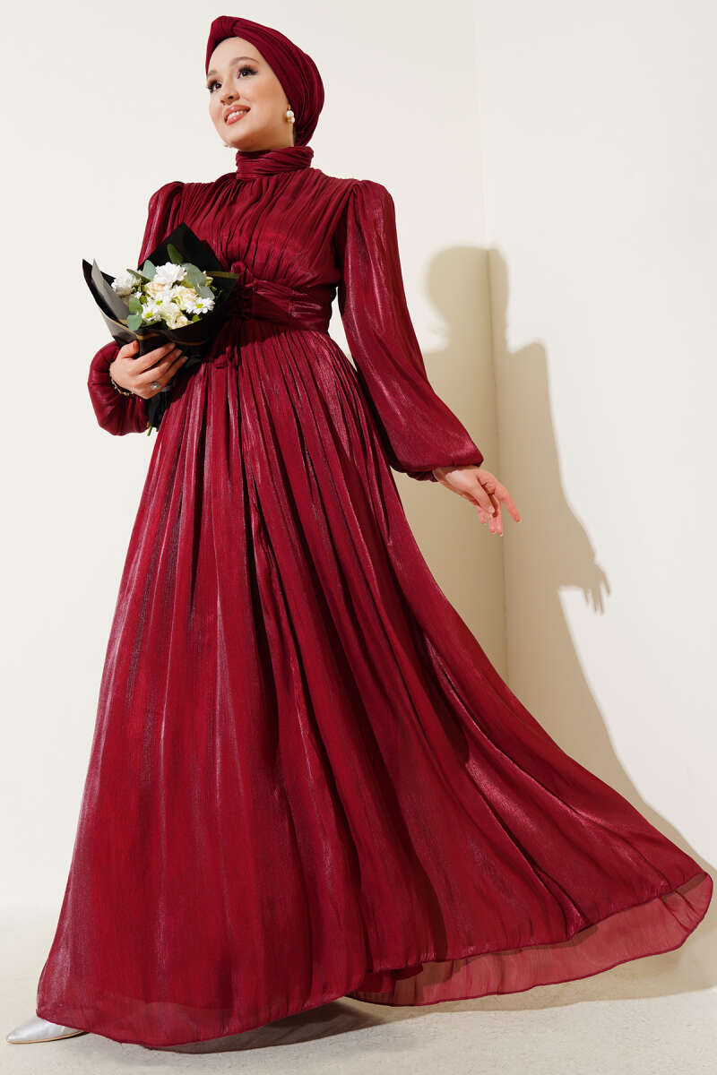 Plissé Evening Dress with Tie Cord - Burgundy