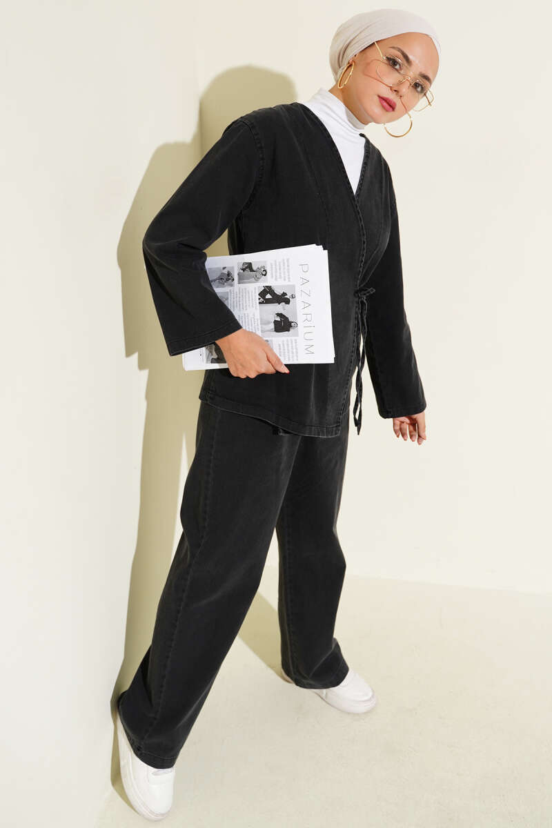 V-Neck Denim Two-Piece Set with Ties - Charcoal