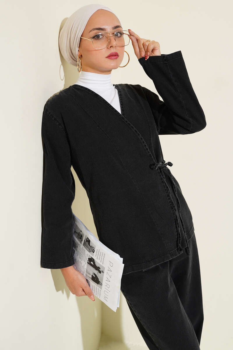 V-Neck Denim Two-Piece Set with Ties - Charcoal