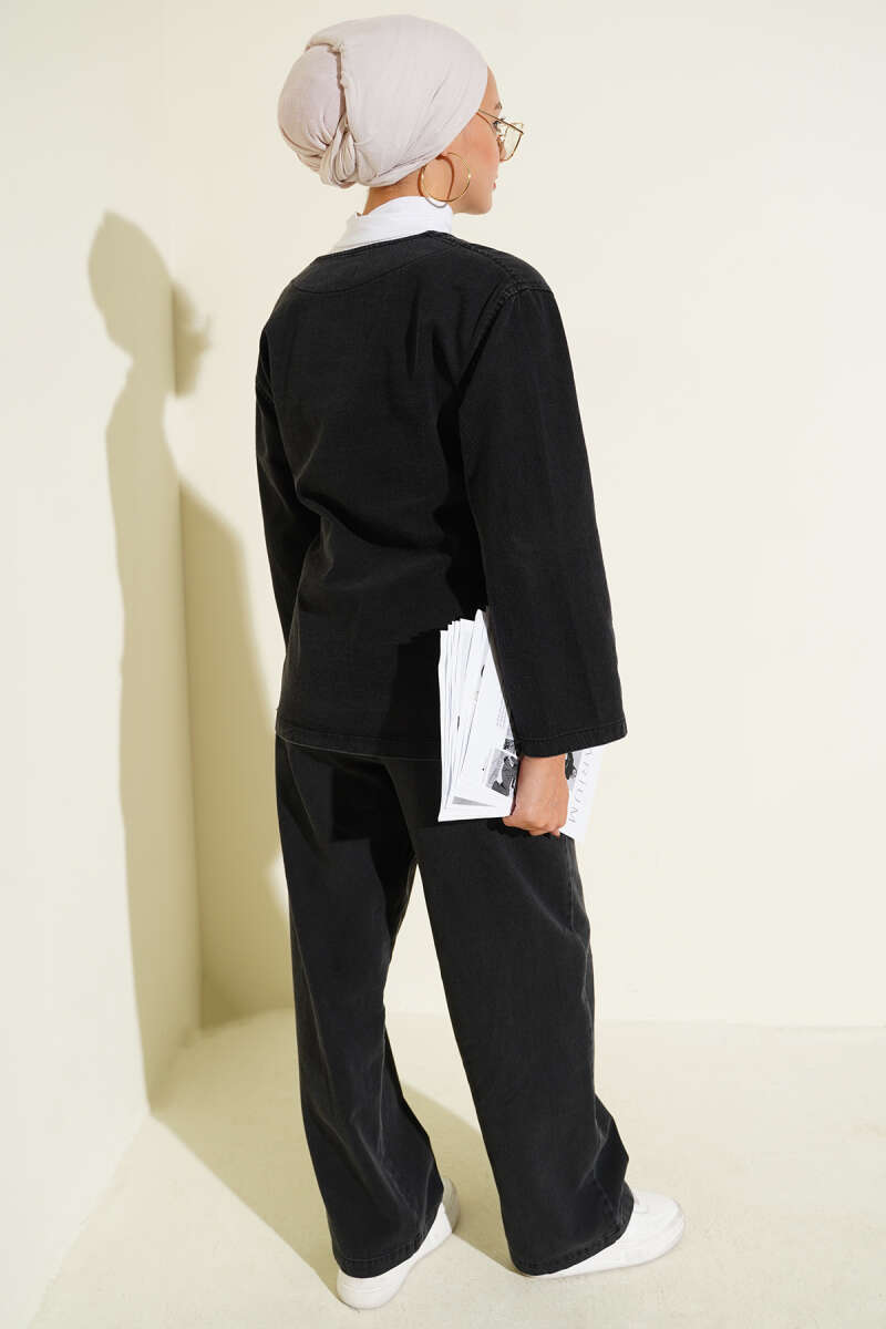 V-Neck Denim Two-Piece Set with Ties - Charcoal
