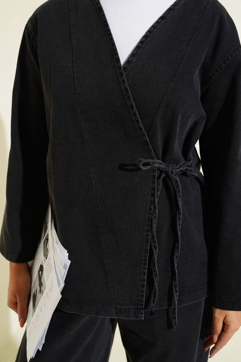 V-Neck Denim Two-Piece Set with Ties - Charcoal