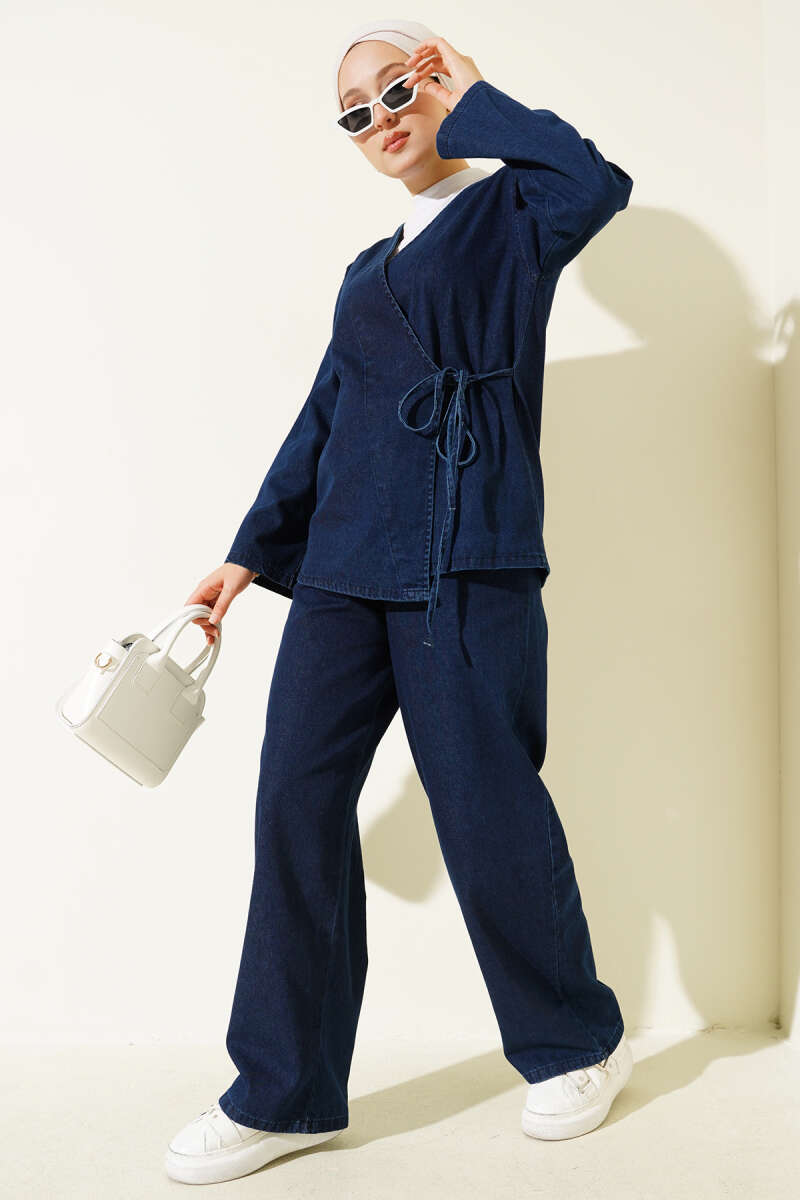 V-Neck Denim Two-Piece Set with Ties - Navy