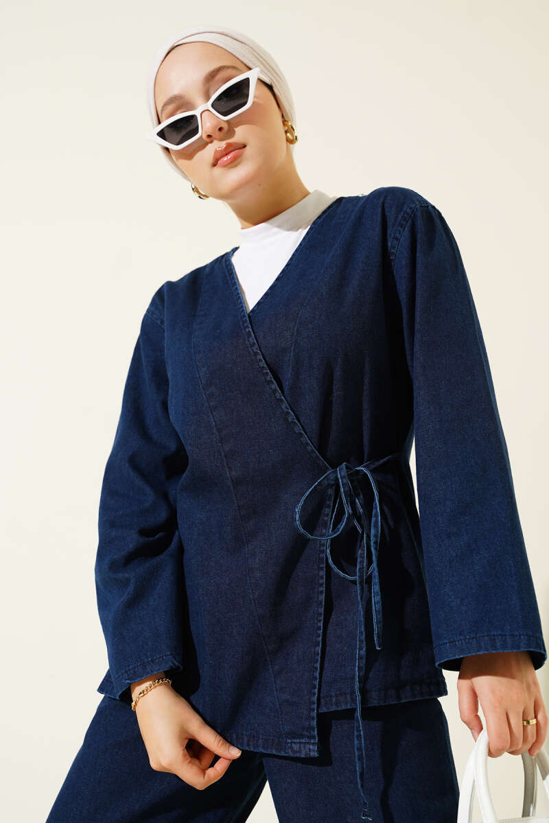 V-Neck Denim Two-Piece Set with Ties - Navy