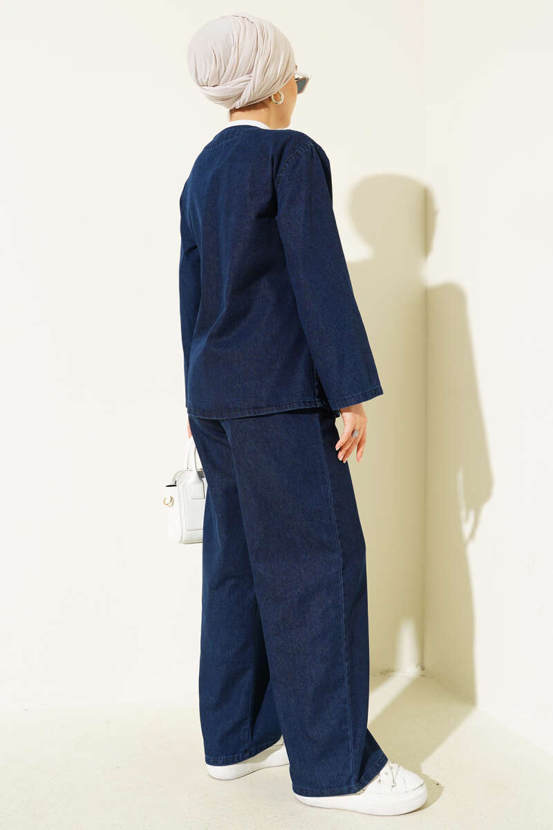 V-Neck Denim Two-Piece Set with Ties - Navy