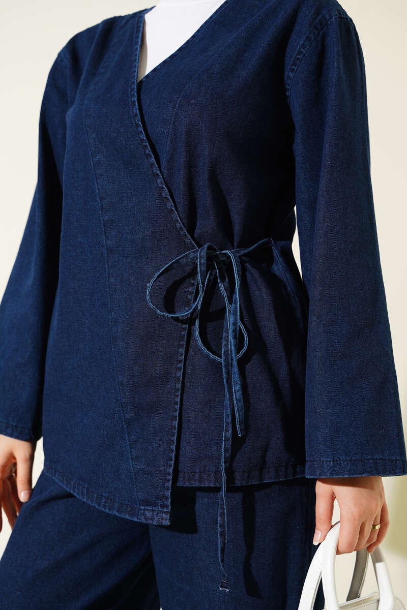 V-Neck Denim Two-Piece Set with Ties - Navy