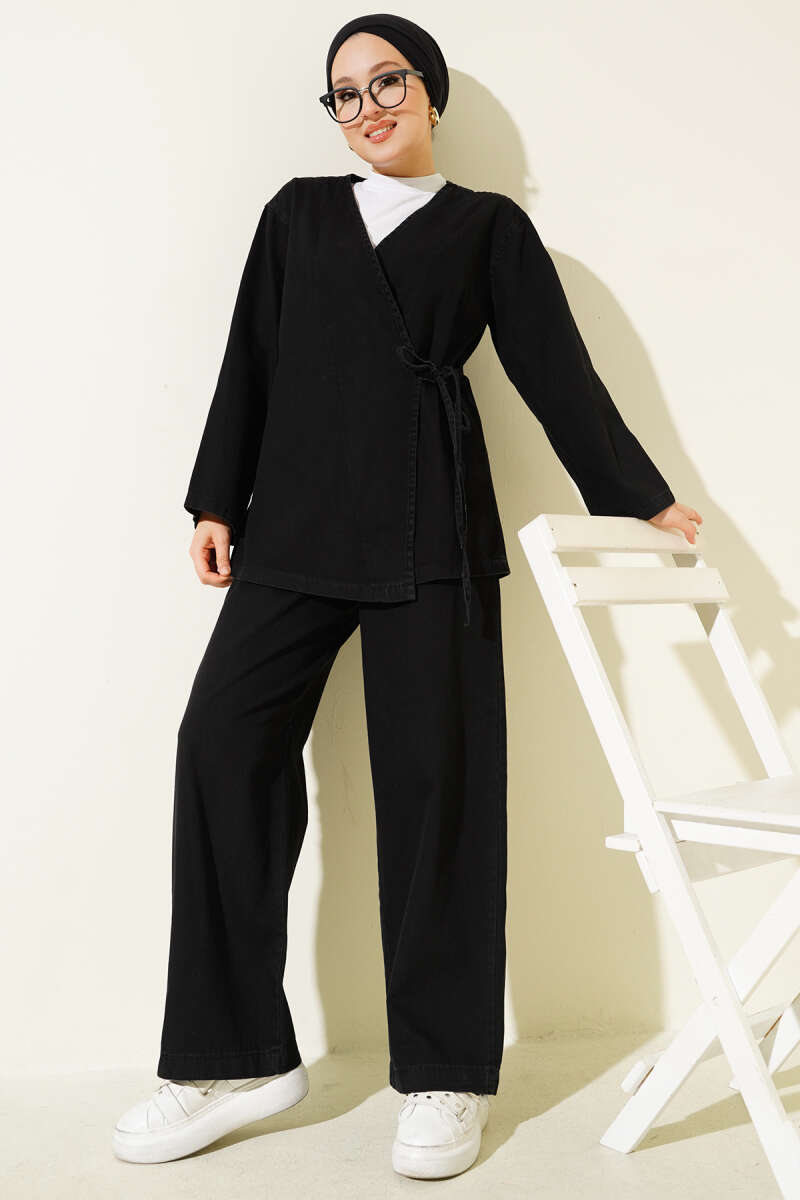 V-Neck Denim Two-Piece Set with Ties - Black