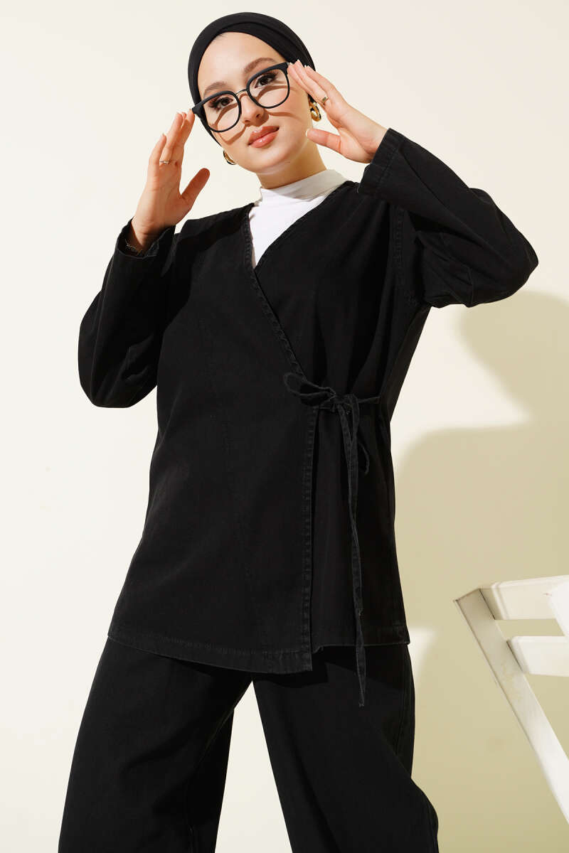 V-Neck Denim Two-Piece Set with Ties - Black