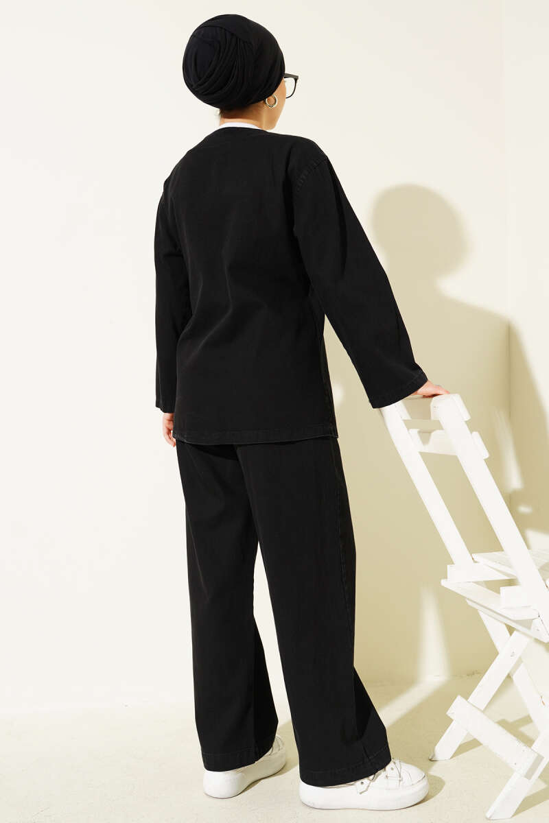 V-Neck Denim Two-Piece Set with Ties - Black