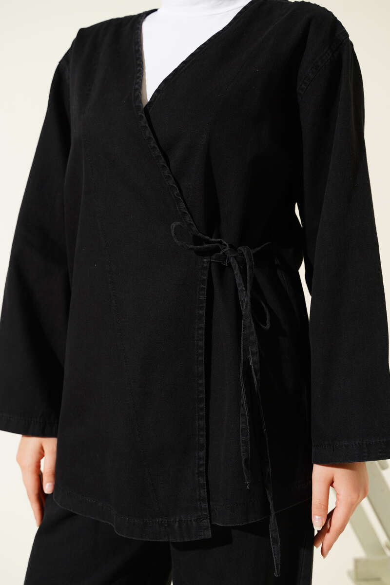 V-Neck Denim Two-Piece Set with Ties - Black
