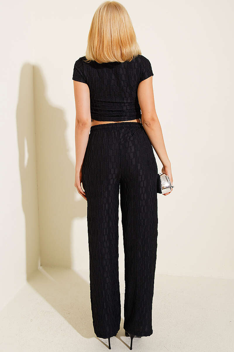 Printed Two-Piece Set with Drawstring Ruching - Black