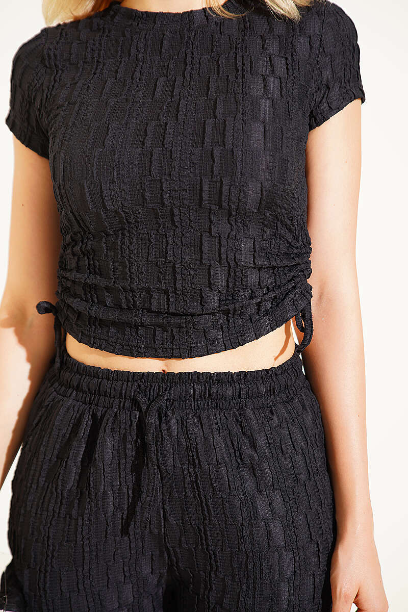 Printed Two-Piece Set with Drawstring Ruching - Black