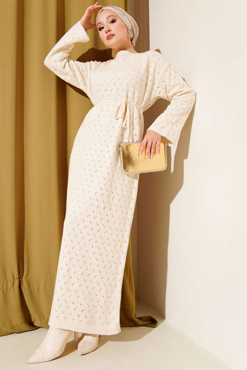 Openwork Knit Dress with Tie Belt - Ecru