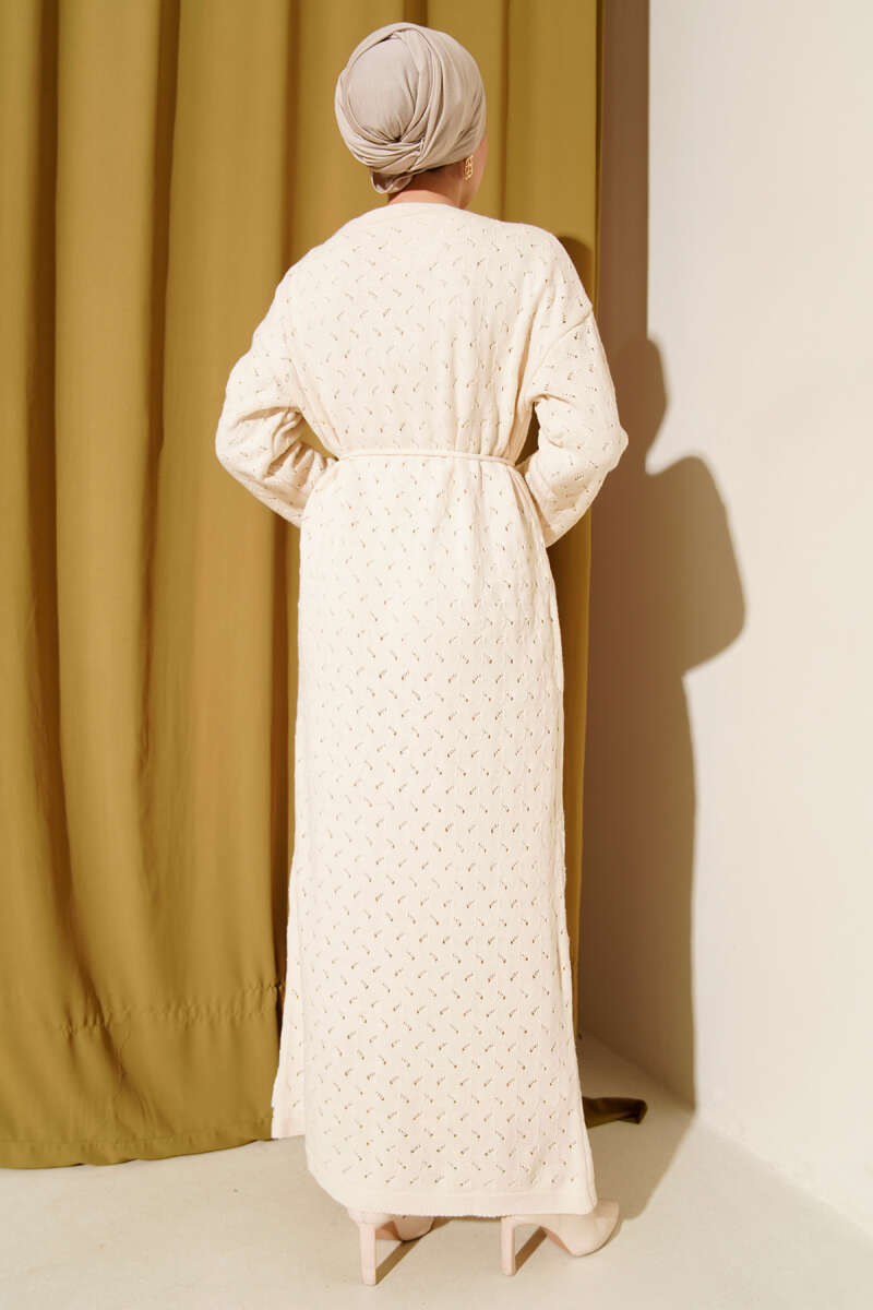 Openwork Knit Dress with Tie Belt - Ecru