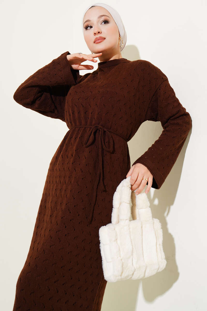 Openwork Knit Dress with Tie Belt - Brown