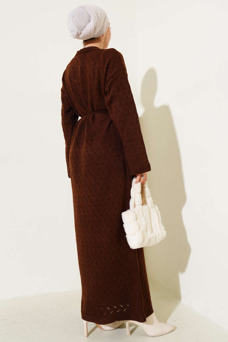 Openwork Knit Dress with Tie Belt - Brown