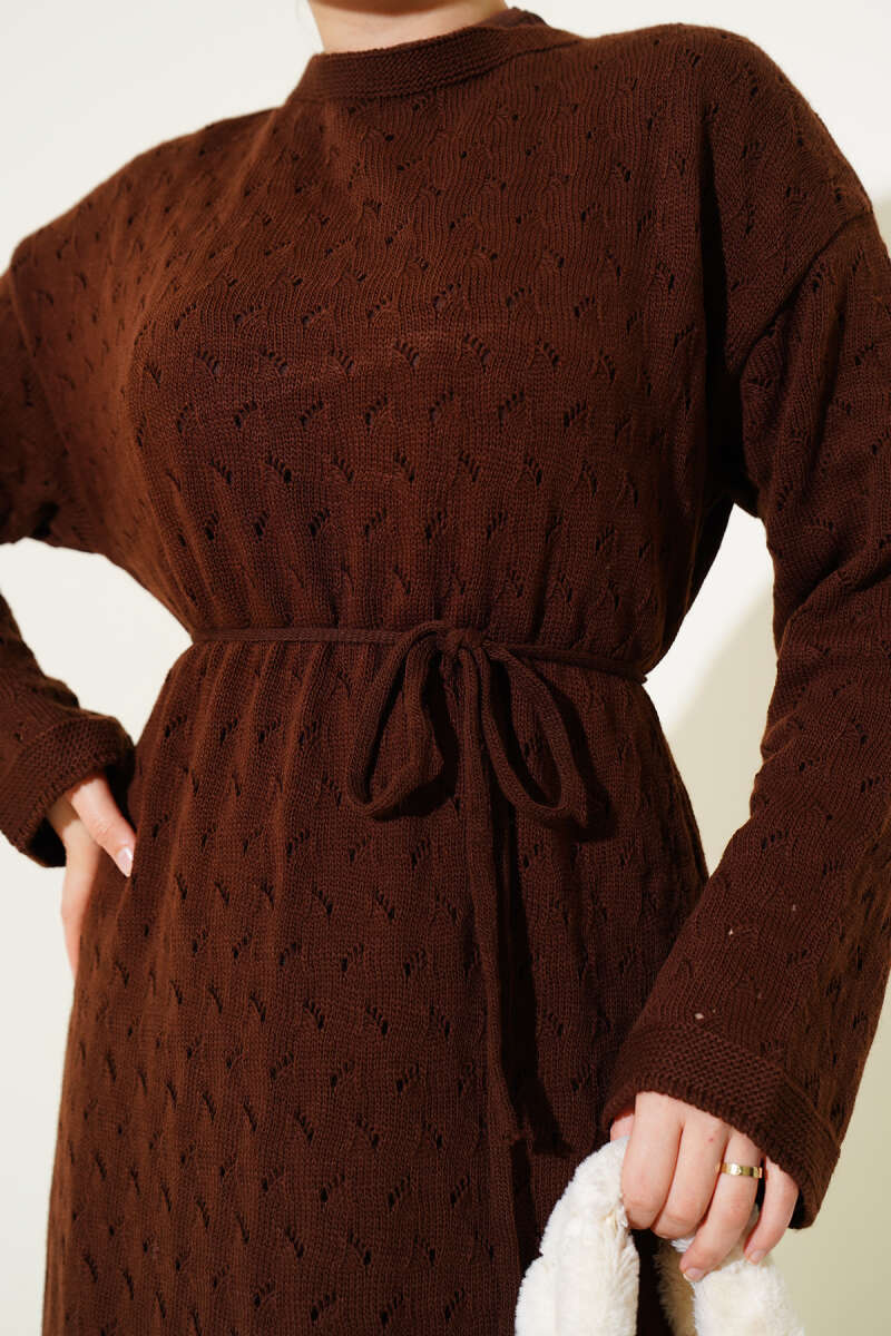 Openwork Knit Dress with Tie Belt - Brown