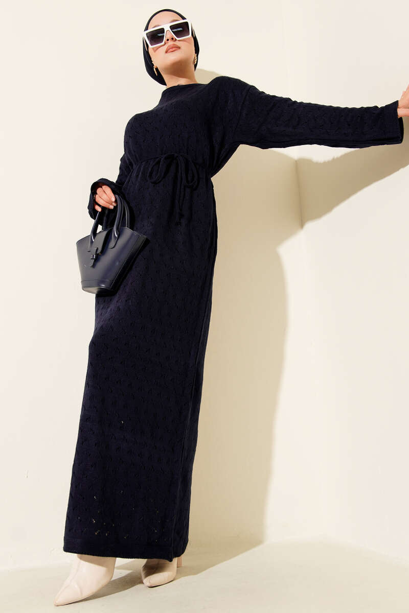Openwork Knit Dress with Tie Belt - Navy