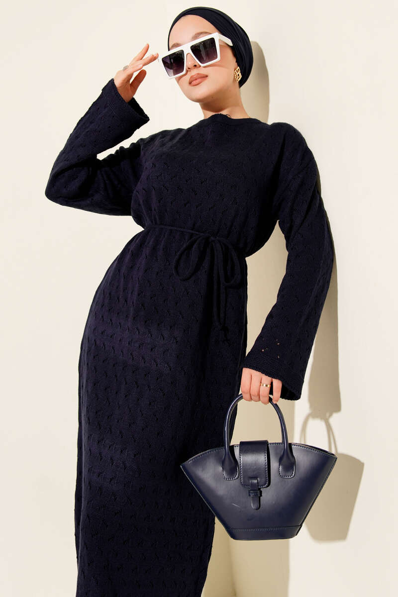 Openwork Knit Dress with Tie Belt - Navy