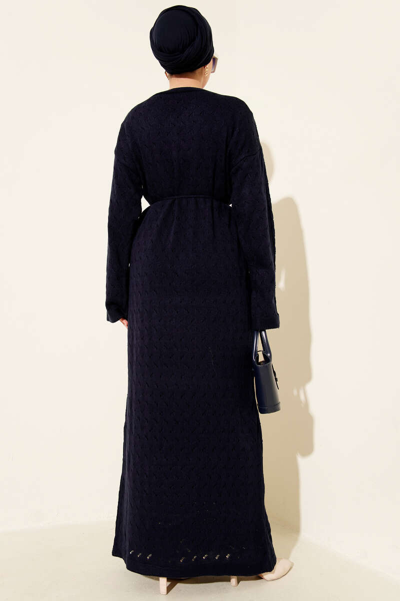 Openwork Knit Dress with Tie Belt - Navy