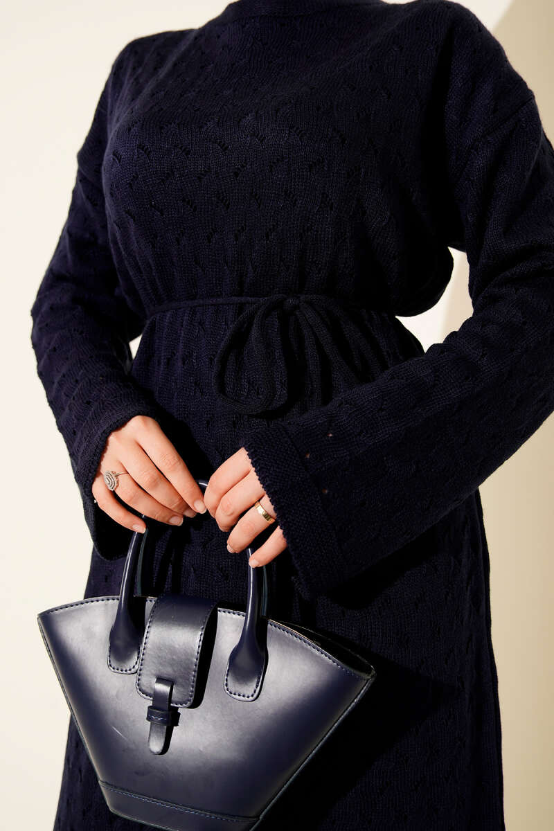 Openwork Knit Dress with Tie Belt - Navy