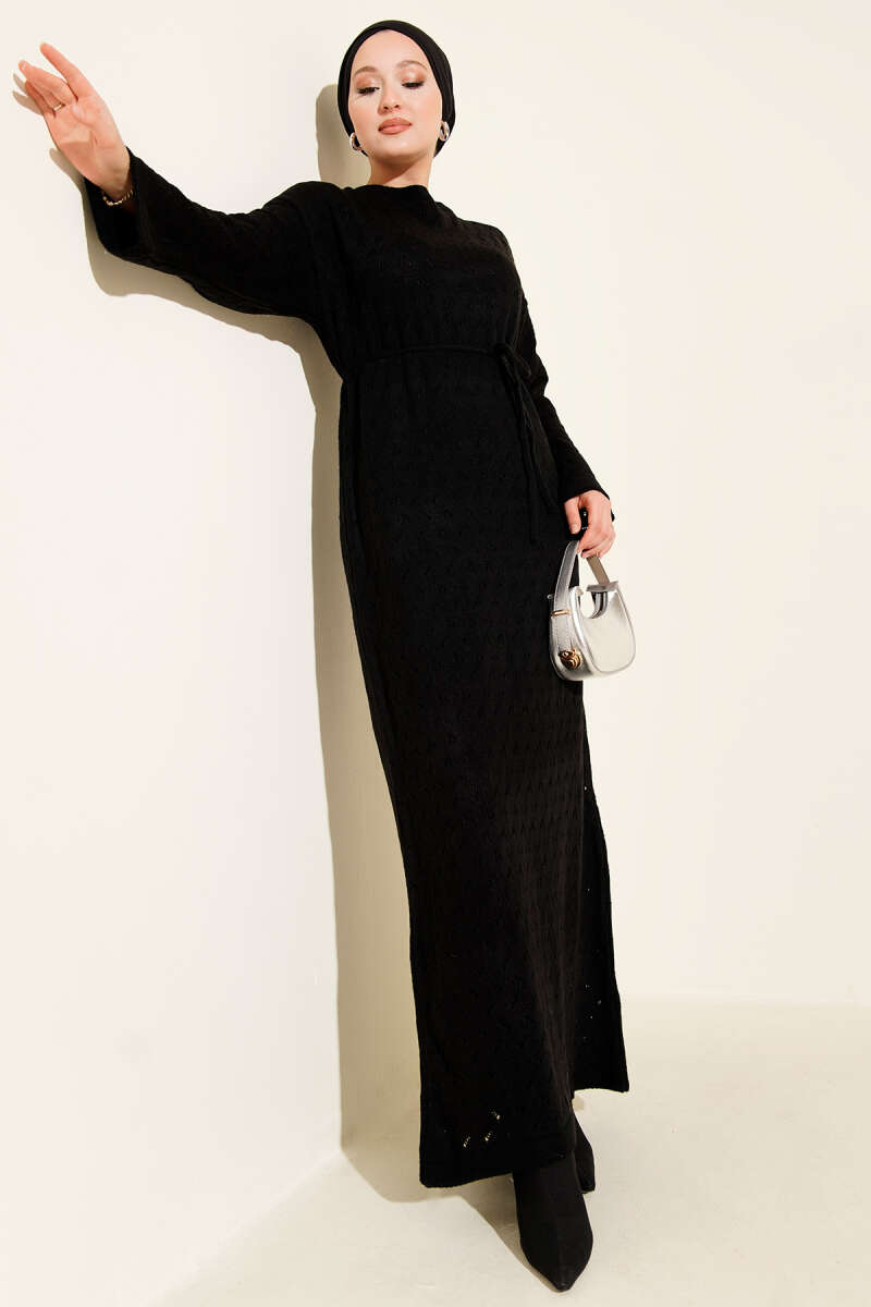Openwork Knit Dress with Tie Belt - Black