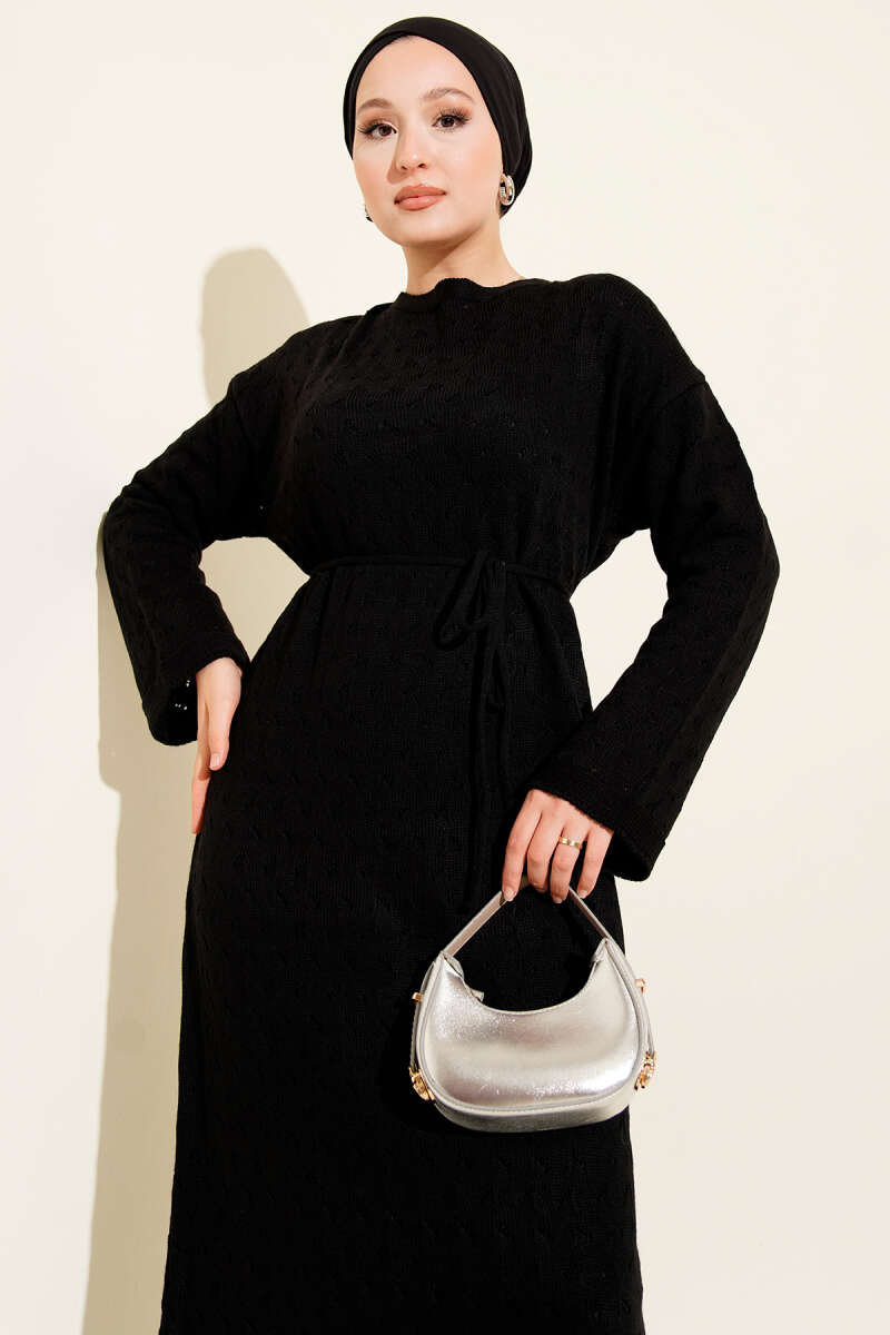 Openwork Knit Dress with Tie Belt - Black