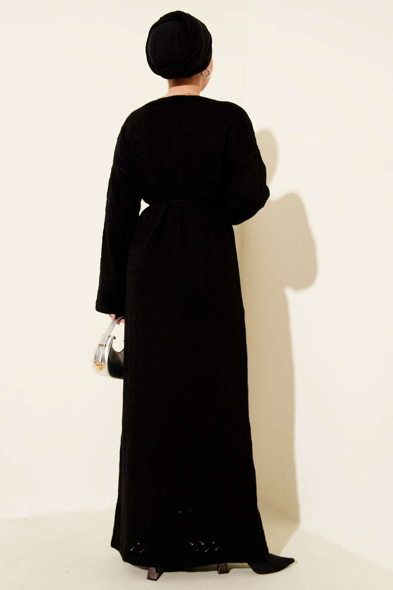 Openwork Knit Dress with Tie Belt - Black