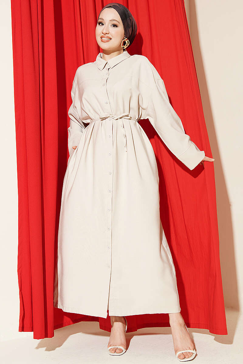 Button-Through Tencel Dress with Tie Belt - Beige
