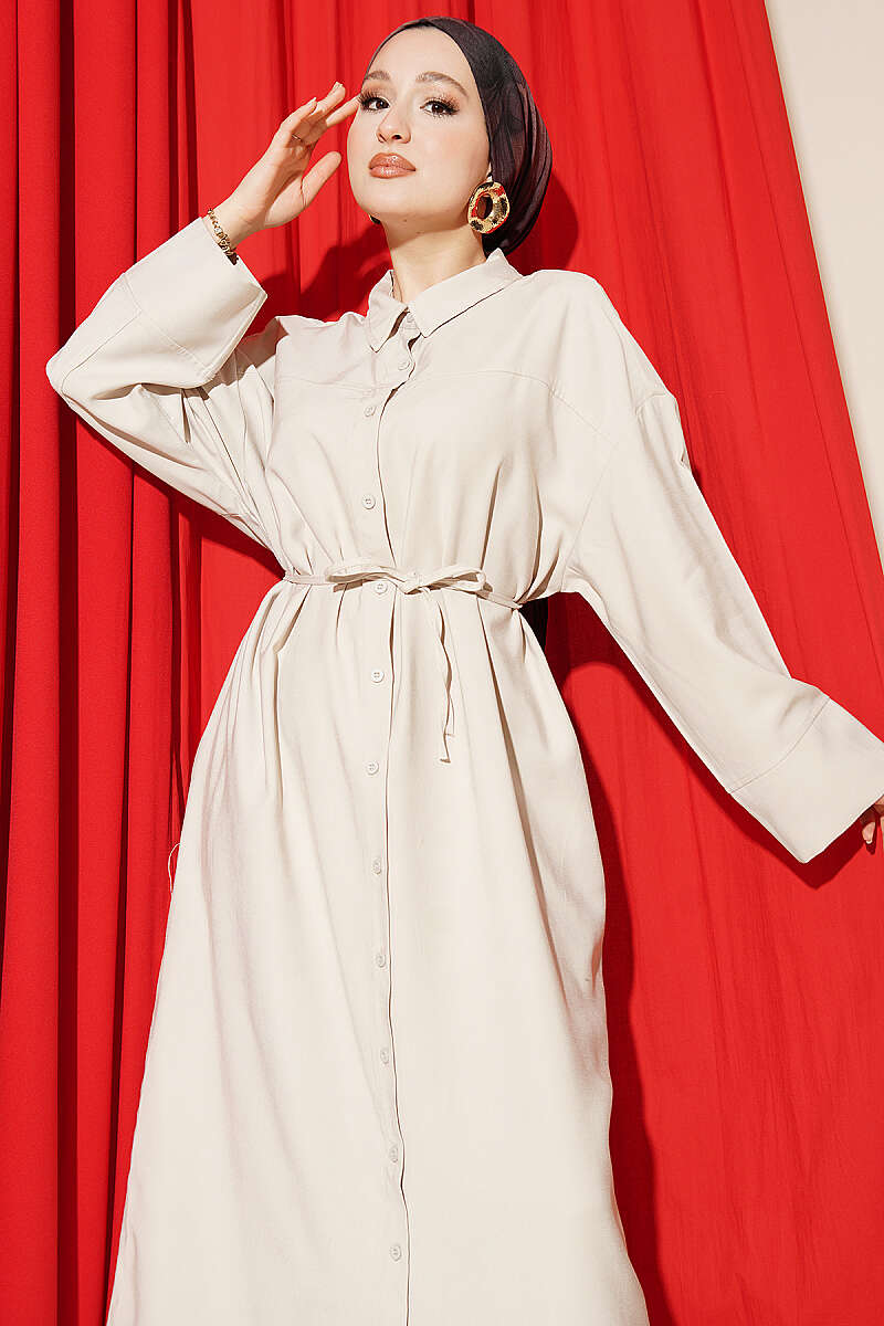 Button-Through Tencel Dress with Tie Belt - Beige