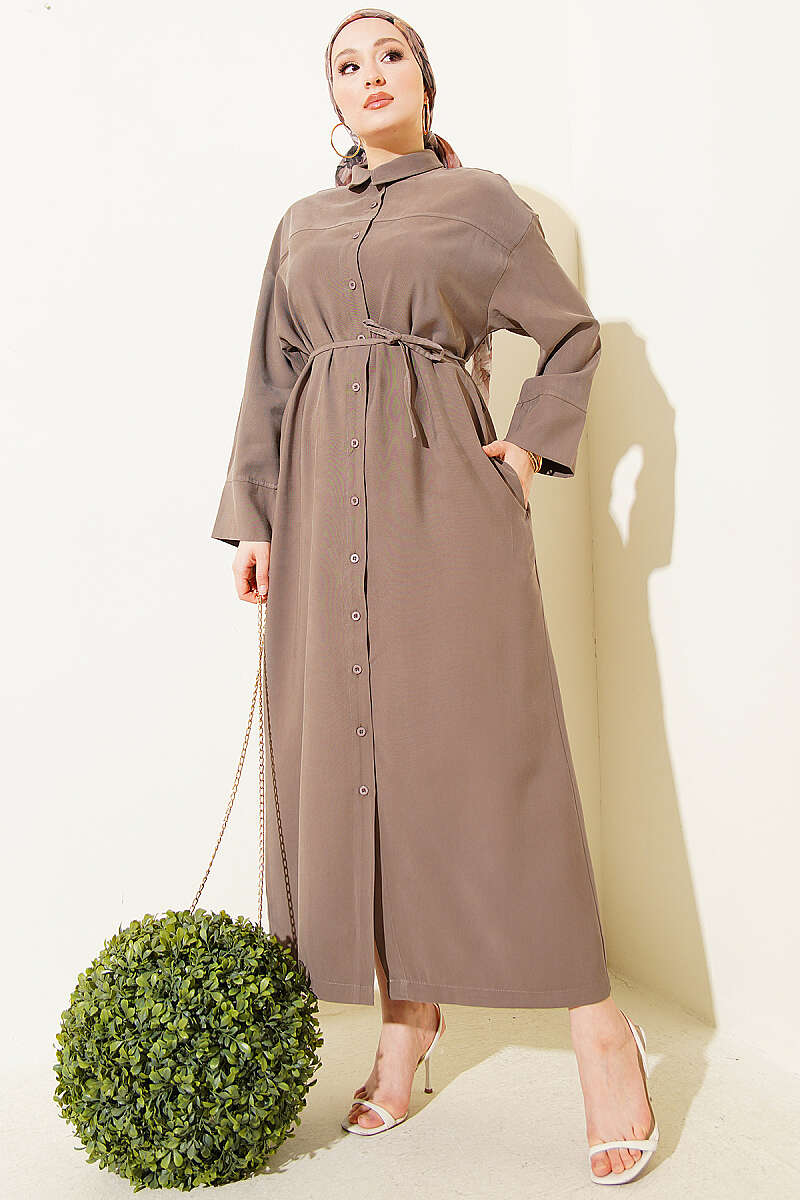 Button-Through Tencel Dress with Tie Belt - Dark Olive