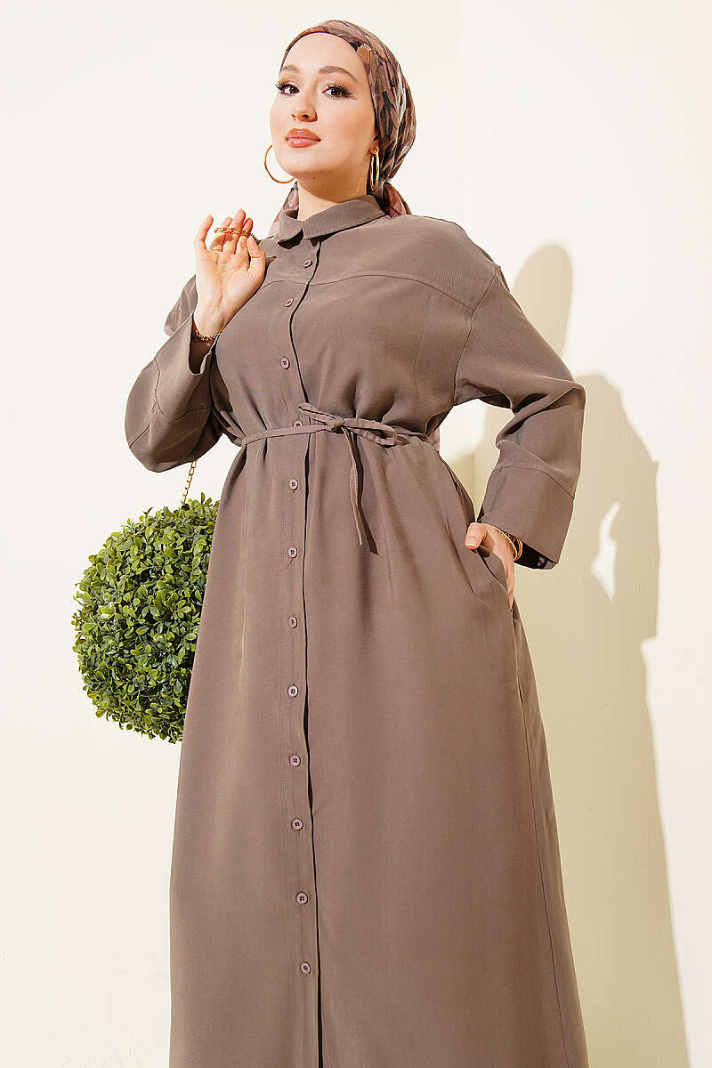Button-Through Tencel Dress with Tie Belt - Dark Olive