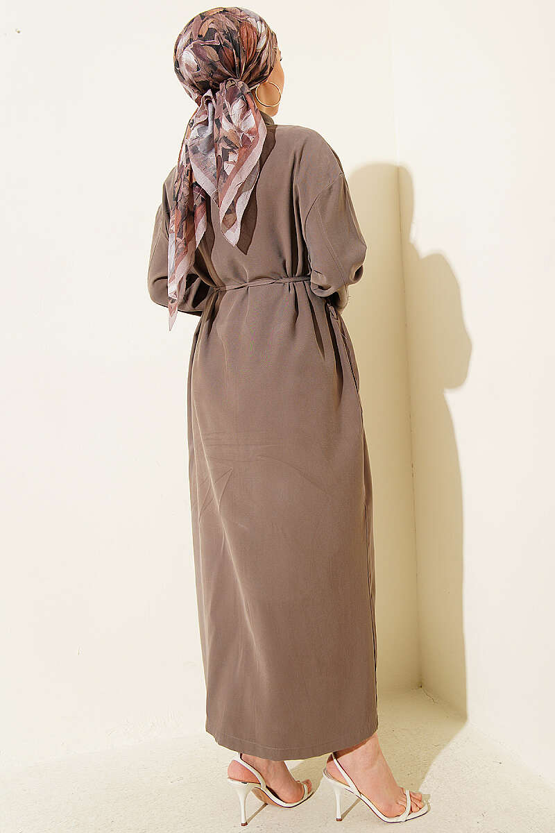Button-Through Tencel Dress with Tie Belt - Dark Olive