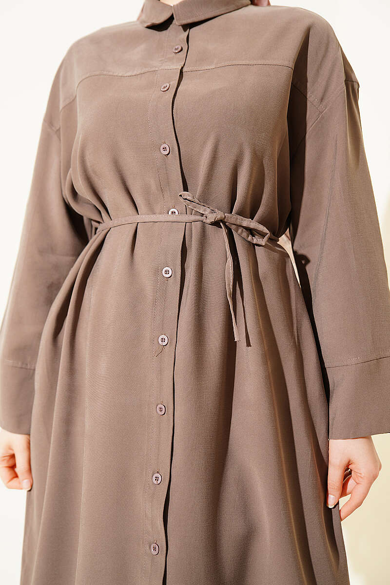 Button-Through Tencel Dress with Tie Belt - Dark Olive