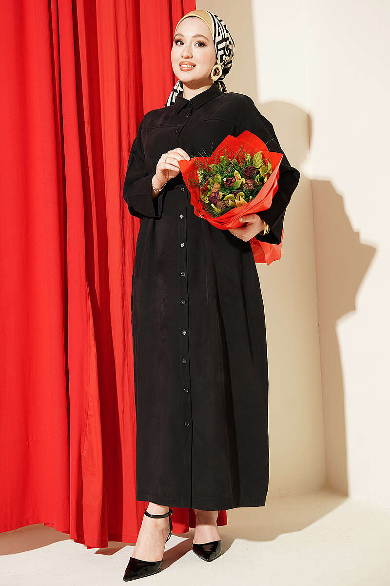 Button-Through Tencel Dress with Tie Belt - Black