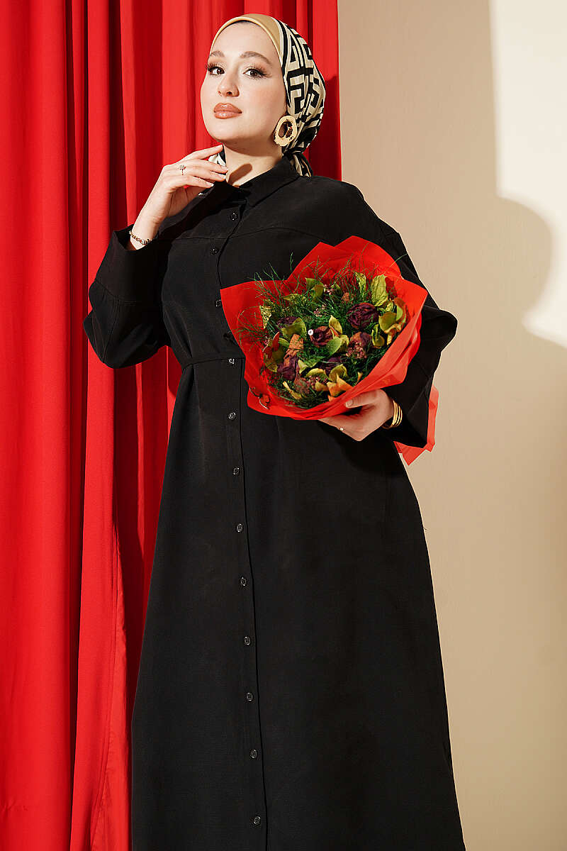 Button-Through Tencel Dress with Tie Belt - Black