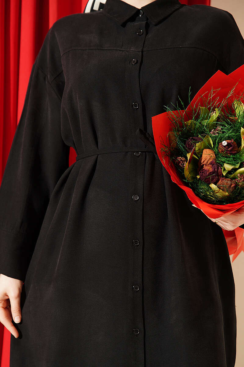 Button-Through Tencel Dress with Tie Belt - Black